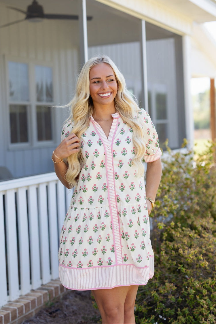 Cream and Pink Floral Button Down Dress