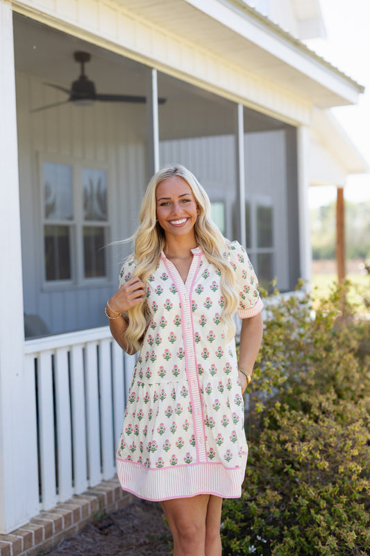 Cream and Pink Floral Button Down Dress