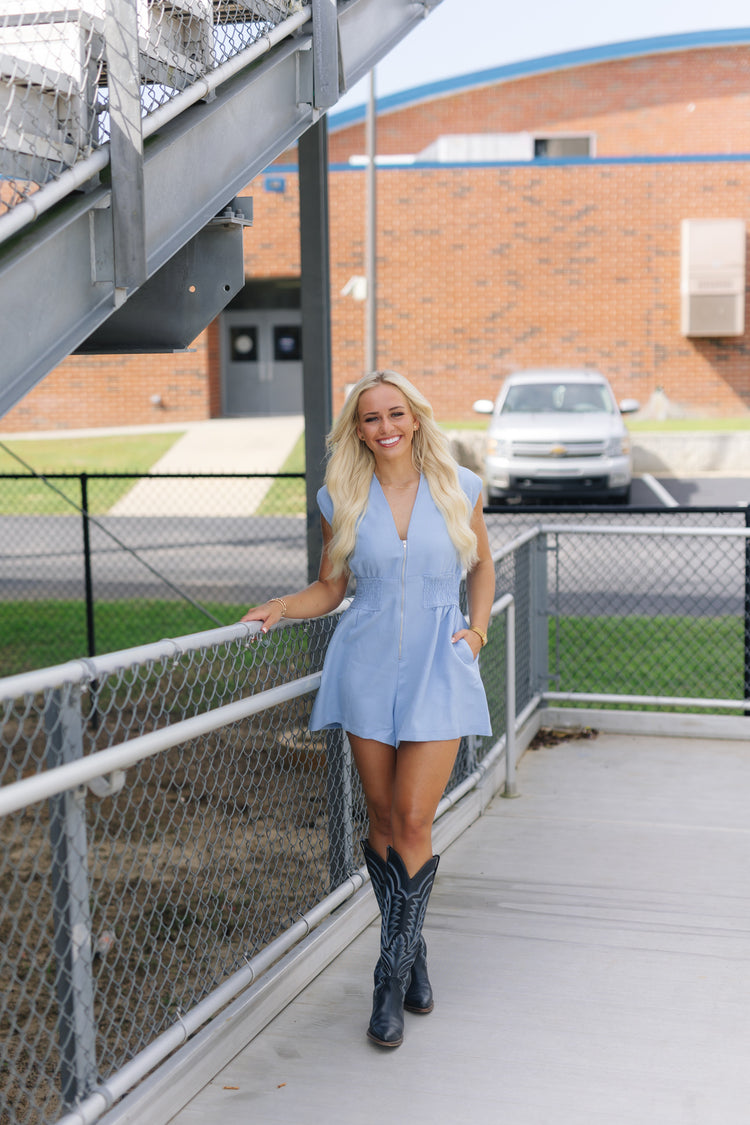 Blue Zip Shoulder Pad Romper