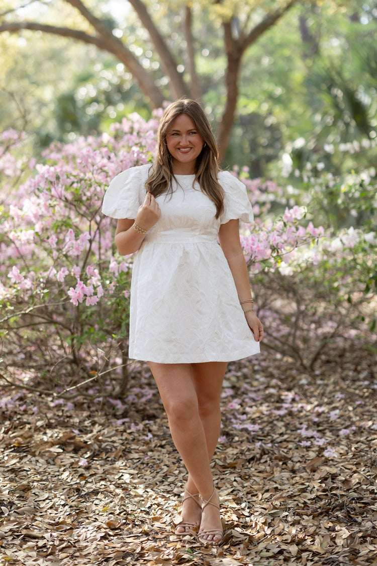 White Floral Bubble Sleeve Jacquard Dress