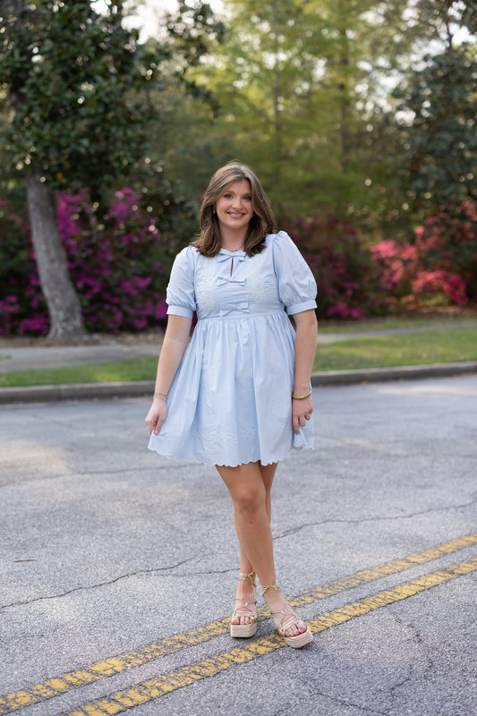 Blue Floral Embroidered Bow Dress