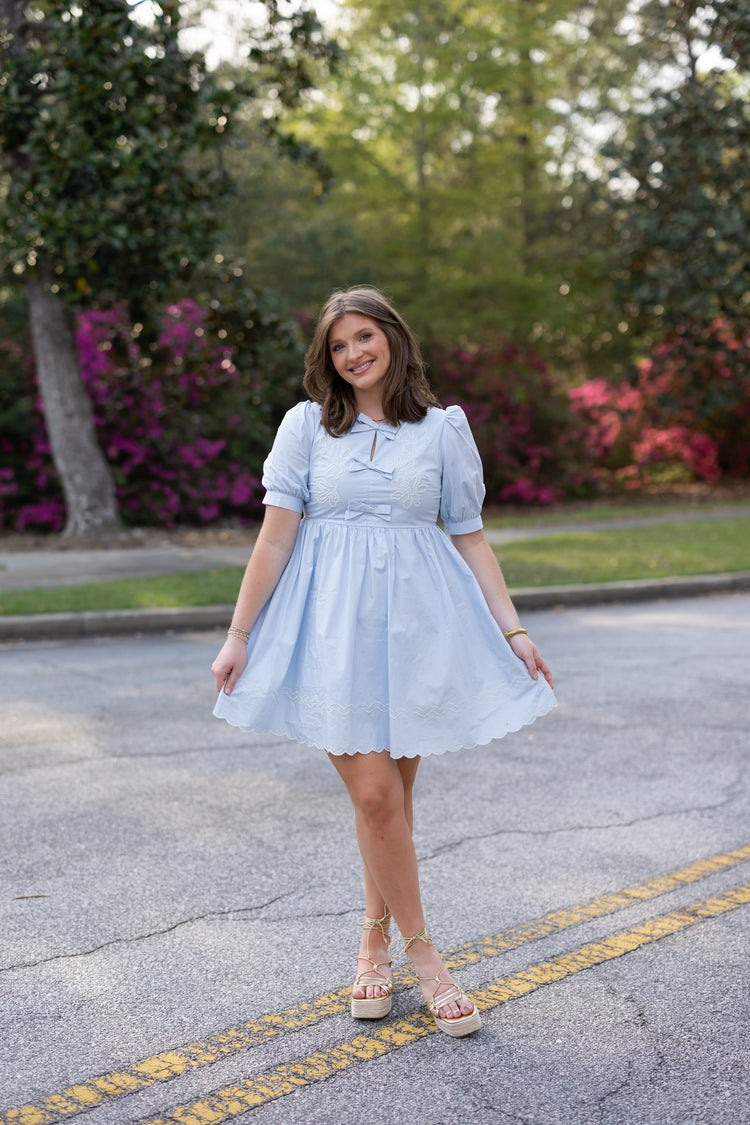 Blue Floral Embroidered Bow Dress