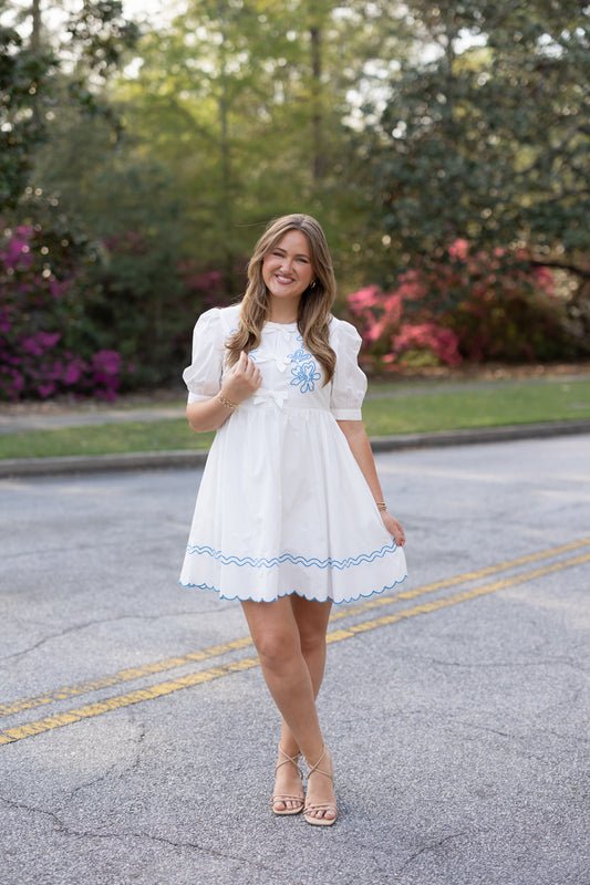 Off White Floral Embroidered Bow Dress