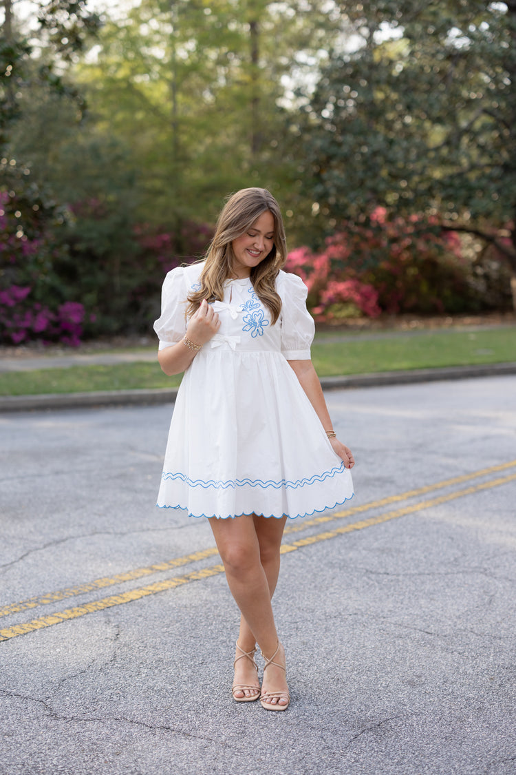 Off White Floral Embroidered Bow Dress
