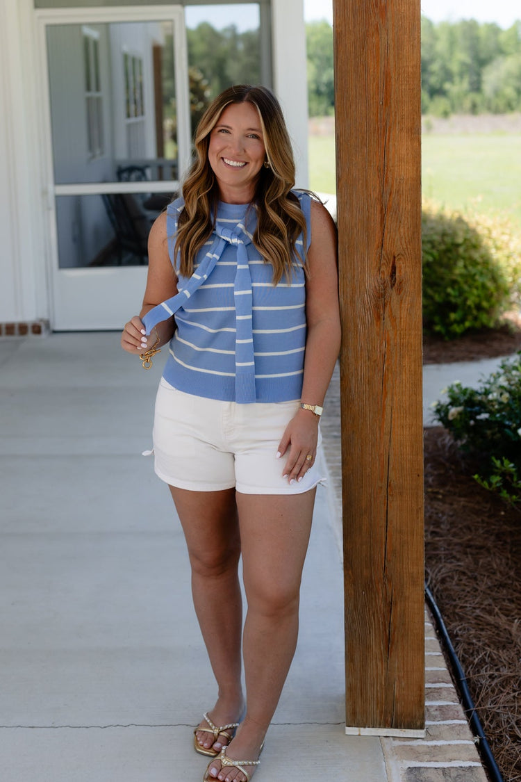 Light Blue Stripe Scarf Detail Top