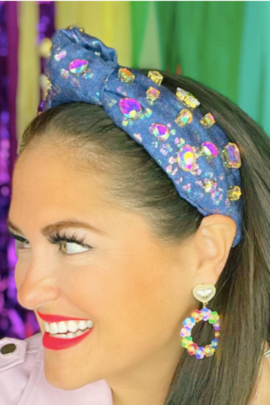 Brianna Cannon Leopard Denim Headband with Iridescent Crystals