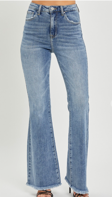 Risen Vintage Frayed Hem Flare Jeans