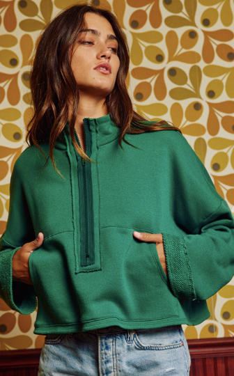Hunter Green Cropped Zip Up Sweater