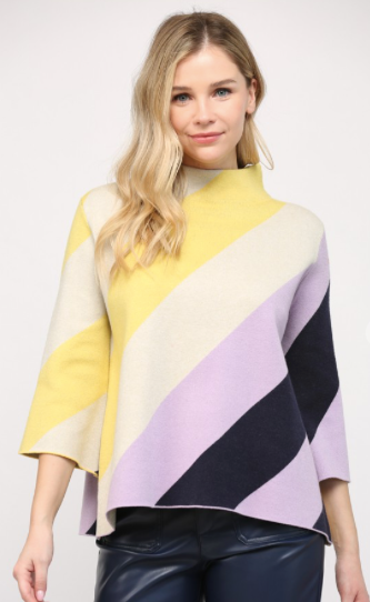 Yellow and Lilac Color Block Sweater, S-3XL