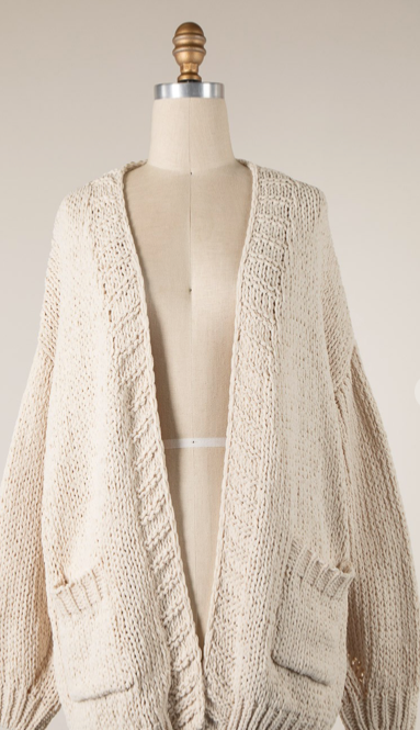 Chenille Cable Knit Cardigan, BEIGE