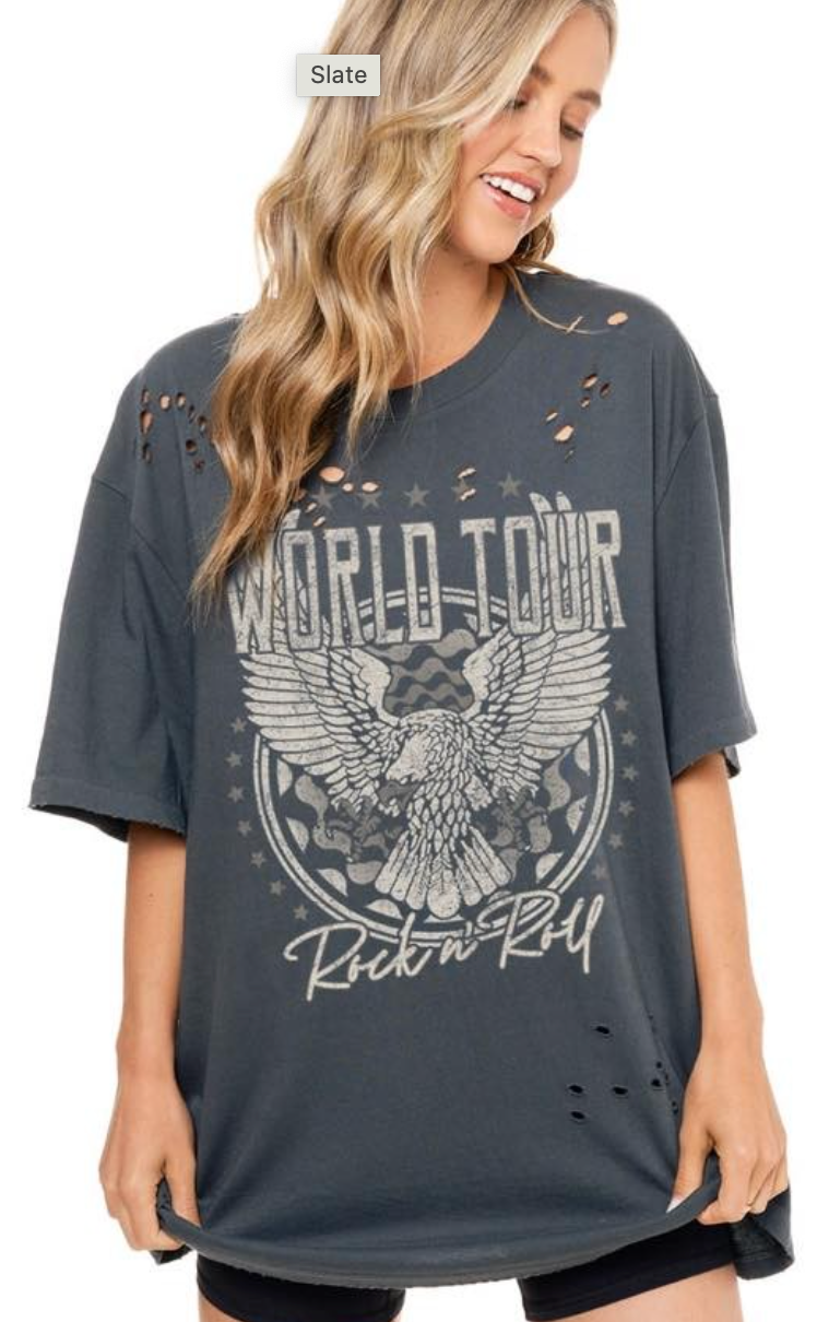 World Tour Distressed Slate Oversized Graphic Tee