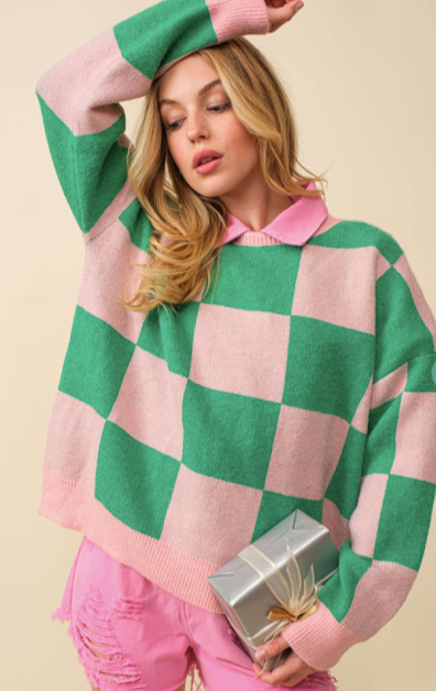 Pink & Green Checkered Sweater