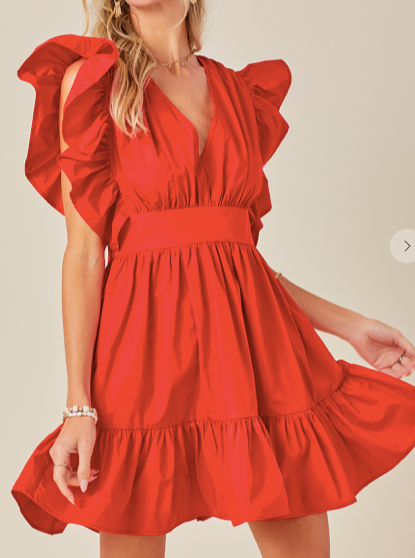 Red V Neck Ruffle Sleeve Dress