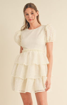 Cream Checkered Tiered Dress