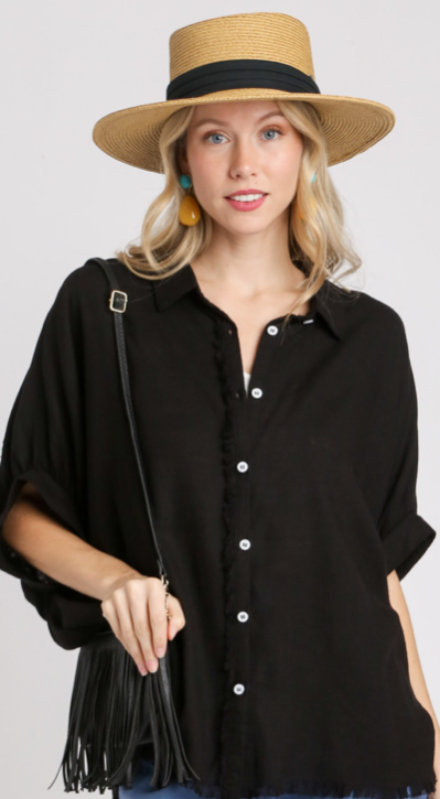 Black Frayed Boxy Collared Top, S-2XL