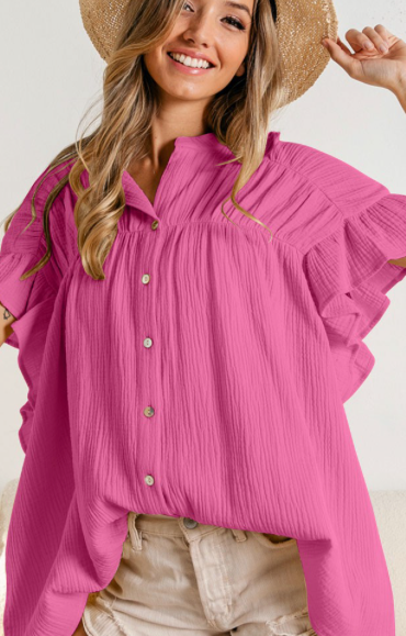 Wrinkled Gauze Button Top, BERRY