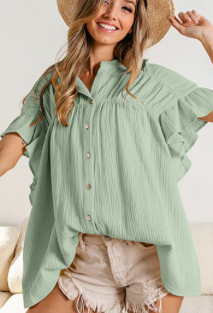 Wrinkled Gauze Button Top, DUSTY SAGE