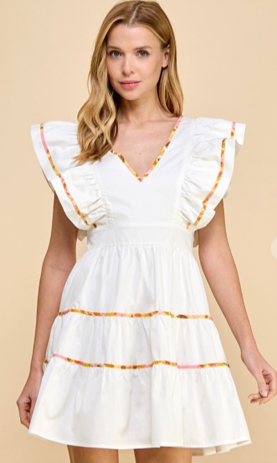 White Multi Trim Tiered Dress