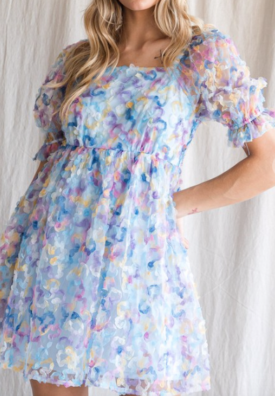Blue Textured Floral Chiffon Dress