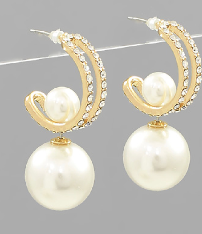 Round Pearl Dangle Pave Hoops, VARIOUS