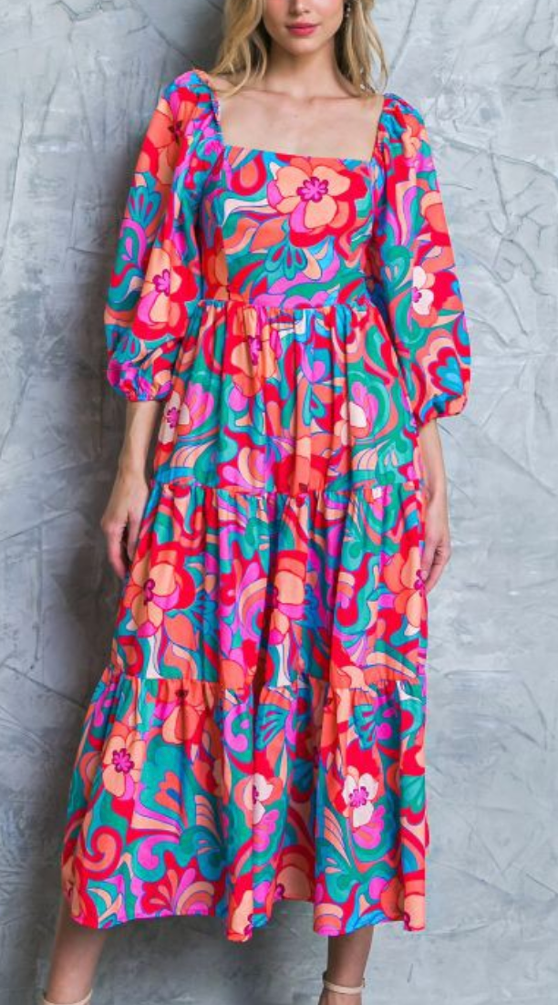Bright Multi Color Floral Midi Dress