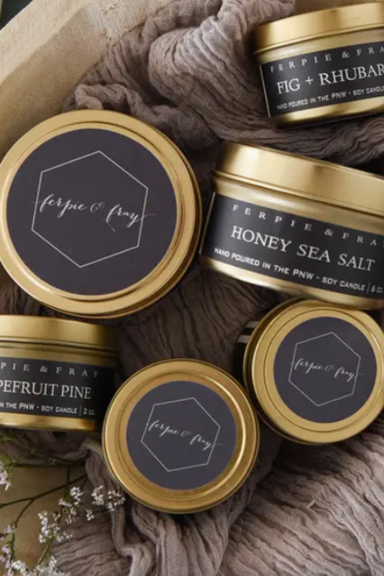 Ferpie + Fray - 6oz Gold Tin Candle, VARIOUS