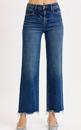 Risen Dark Wash Frayed Hem Jeans, REG + CURVY
