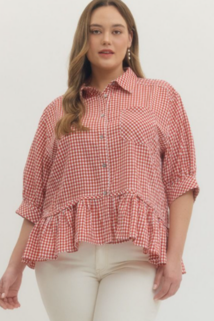 Curvy Red Gingham Ruffle Hem Top