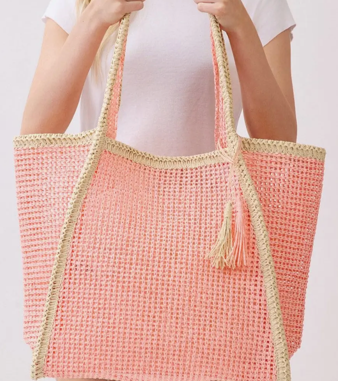 Pink Two Tone Woven Straw Beach Tote Bag