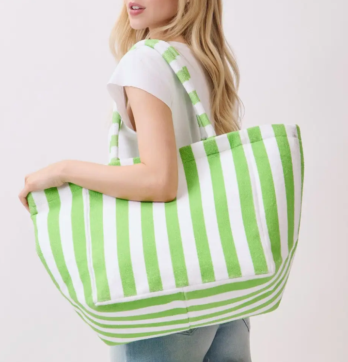 Green Striped Terry Beach Tote Bag