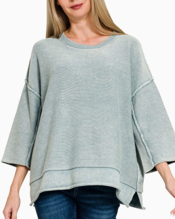 Acid Washed 3/4 Sleeve Boxy Sweater, BLUE GREY Jaxe + Grace Boutique