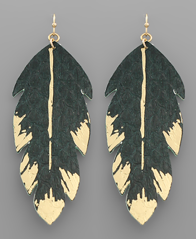 Gold Paint Leather Feather Earrings, VARIOUS COLORS