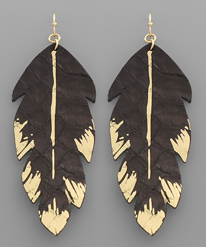 Gold Paint Leather Feather Earrings, VARIOUS COLORS