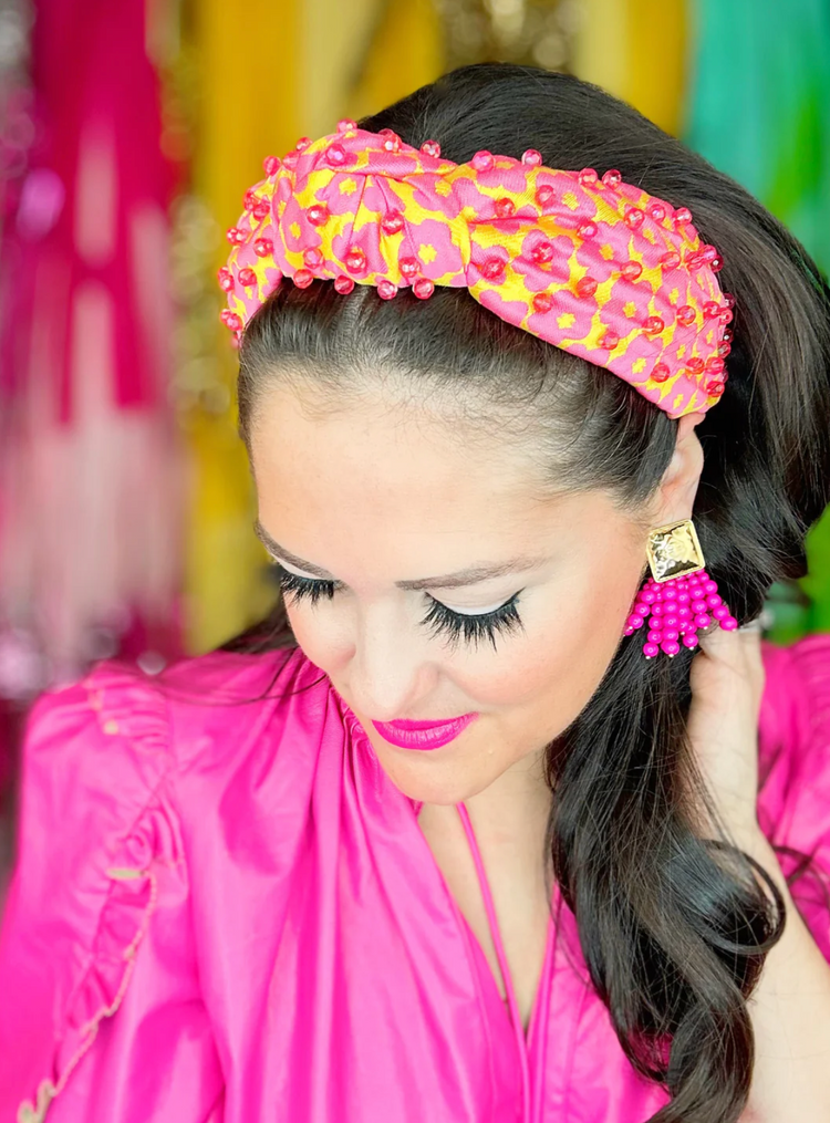 Brianna Cannon Pink + Yellow Flower  Iridescent Beads Headband